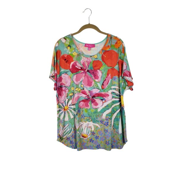 Claire Desjardins Bright Floral Short Sleeve Top Pink Green Jersey Knit Size L - Picture 1 of 8